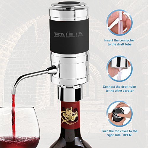 Baulia WA819 Electric Aerator - One Touch Operation Instantly Allow Wine to Breath, Pump Dispenser with Vacuum Sealer, Silver