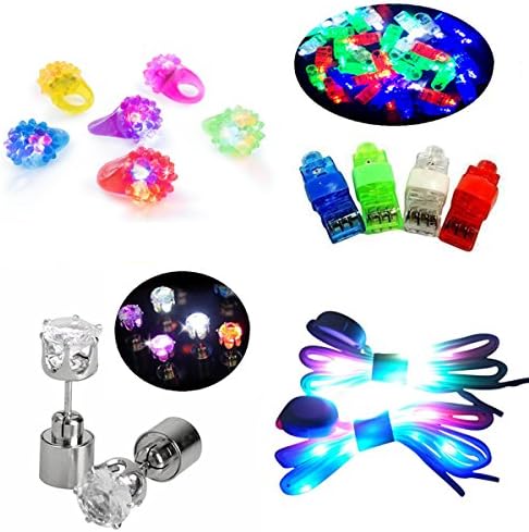 Jofan 48 Pieces LED Light Up Toys Party Favor Supplies - 40 LED Finger Lights, 6 LED Flashing Bumpy Rings, 1 Pair Nylon LED Shoelaces, 1 Pair LED Earrings