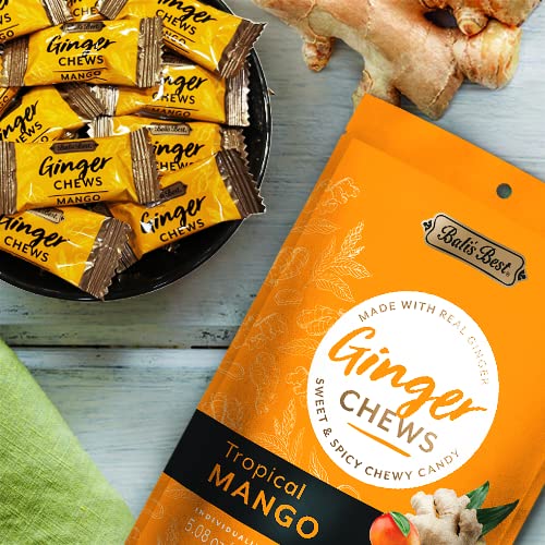BALI’S BEST GINGER CHEWS, TROPICAL MANGO FLAVOR, 5.08 OZ, INDIVIDUALLY WRAPPED SOFT CANDY, MADE WITH 100% REAL GINGER, DIGESTIVE HEALTH SUPPORT, UPSET STOMACH RELIEF, HALAL