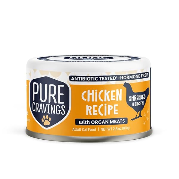 PURE CRAVINGS, CHICKEN RECIPE WITH ORGAN MEATS SHREDDED IN BROTH CANNED CAT FOOD, 3 OUNCE