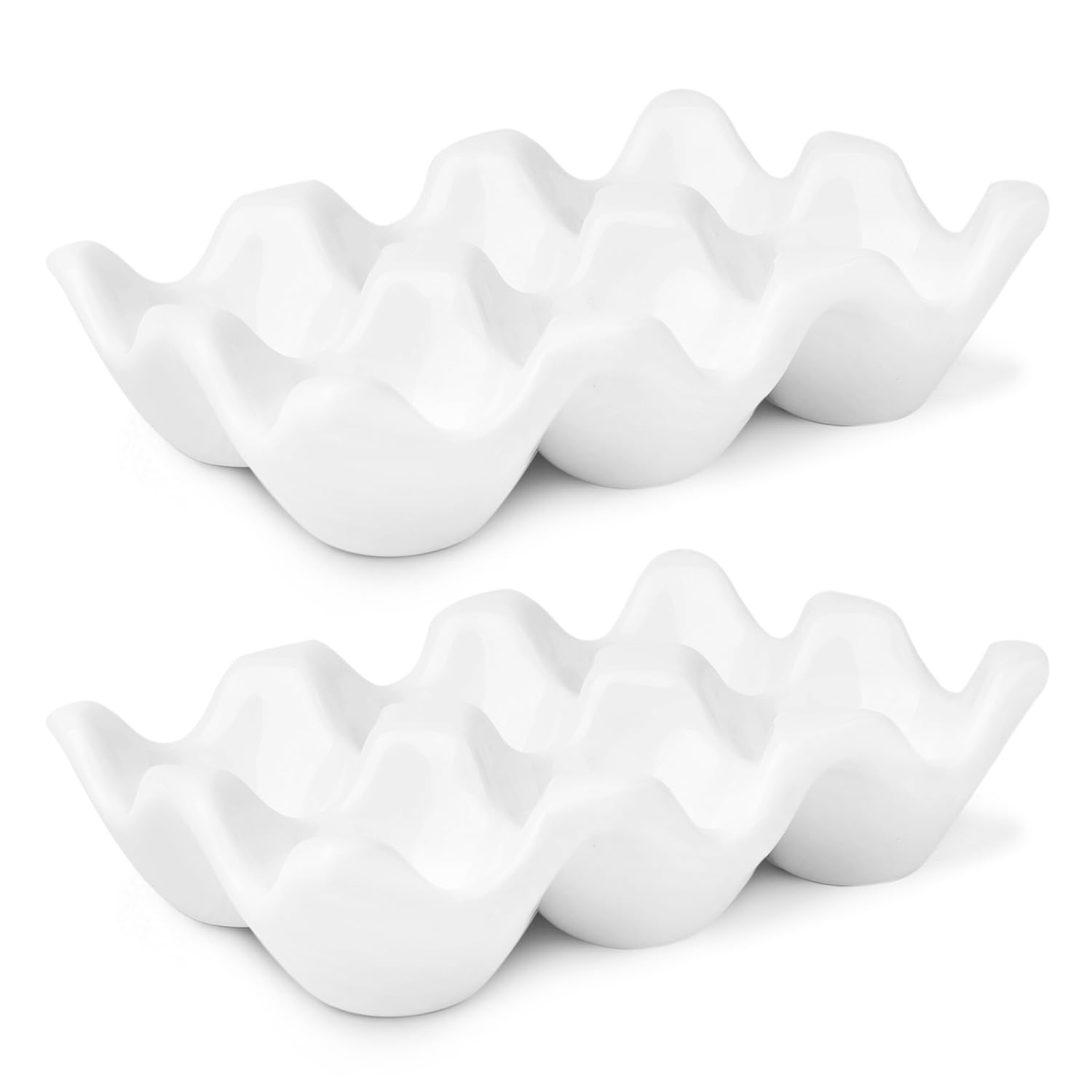 Flexzion Porcelain Egg Crate - 6 Capacity Ceramic Tray, Half Dozen Holder, White Decorative Serving Dish and Storage Organizer, 2 Pack