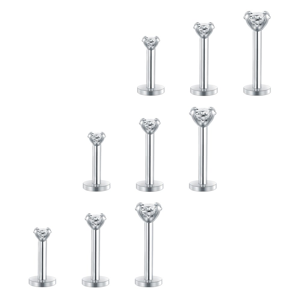 2-4mm Clear Round CZ Gem Internally Threaded Labret Monroe Lip Ring Tragus Nail Helix Earring Stud Barbell Piercing Jewelry Bar 8mm 16G 12pcs, Stainless Steel Crystal, Cubic Zirconia