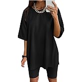 Halfword Women 2 Piece Outfit Sets Casual Oversize T-Shirt Tops Biker Shorts Workout Sport Tracksuit Lounge Sets