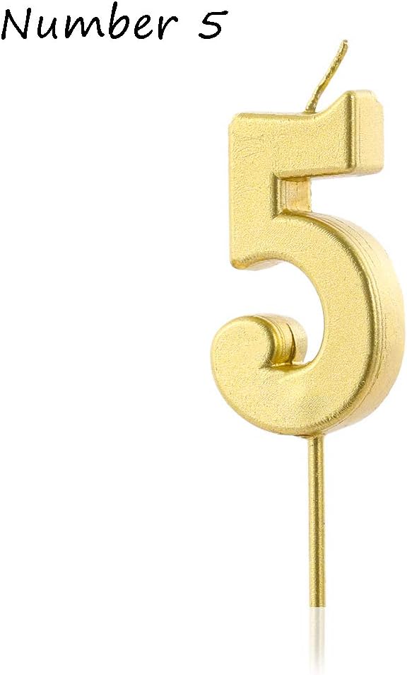 Ruan 0-9 Numbers DIY Favor Gold Baking Gift Happy Birthday Cake Topper Party Decoration Cake Candle(Number 5,Number 5)
