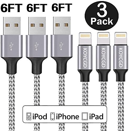 iPhone Charger ,KOYCGD Lightning Cable 6FT USB Charging Cable Nylon Braided Cord for iPhone iPod iPad Mini Air Pro and More (Gray)