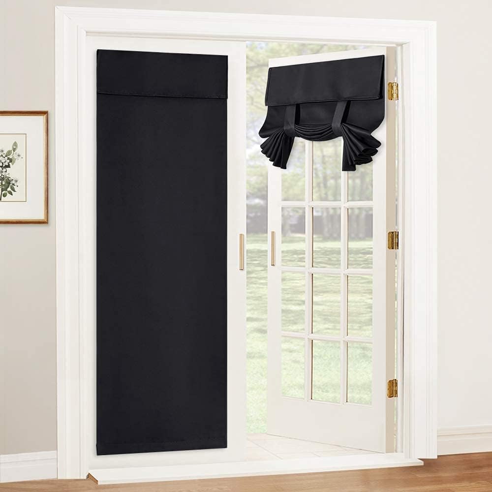 Window Treatments - RYB HOME Blackout Door Curtain - Tricia Window Shades Thermal Insulated Light Block French Curtain Tie up Shades Energy Efficient Double Door Blind, 26 x 69 inches, Black, 1 Panel