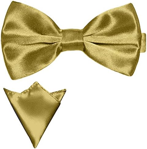 GASSANI Gold Men's Shiny Satin Pretied Adjustable Bow Tie &amp; Pocket Square