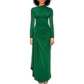 YMDUCH Women's Casual Long Sleeve Boat Neck High Split Ruched Bodycon Long Formal Dress