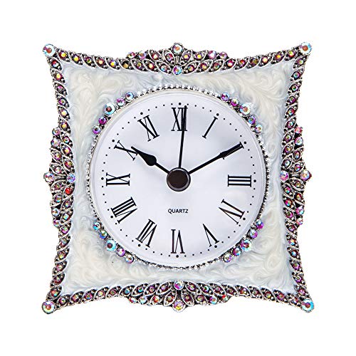 NIKKY HOME Crystal Elegant Small Quartz Analog Table Clock with Rosy Rhinestone Non-Alarm Desk Clock 3.5 by 1.5 by 3.5 Inches, White and Pink
