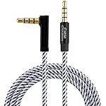 CableCreation 6 Feet 3.5mm TRRS Auxiliary Audio cable 90 Degree Right Angle 4-Conductor Auxiliary Stereo Cable (Microphone Compatible), Black and White