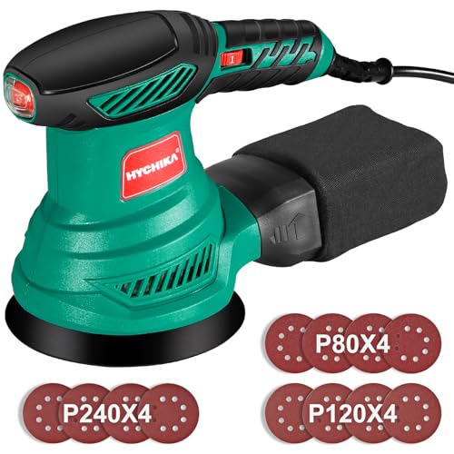 HYCHIKA Orbital Sander 300W, 6 Adjustable Speeds, 13000 RPM, 12pcs Sanding Discs 125 mm (80, 120, 240 Grains), Electric Sander, with Dust Collection Box