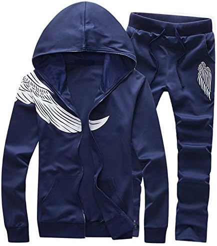 Men's Printed Zipper Sweatshirt Sweats &amp; Pants Set Tracksuit Joggers Set (US L=Asian 2XL, Navy)