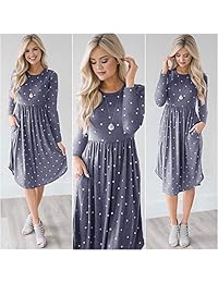 Vestido de manga larga para mujer con lunares plisados ??y bolsillo