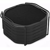 UMIRRO Absorbent Felt &amp; Silicone Drink Cup Coasters Set of 6 with Holder | Leakproof &amp; Non-Slip Base, Non-Stick, for Coffee Table, Office Desk, Home Bar, Kitchen Decor &amp; Accessories, Black Octagon 4"