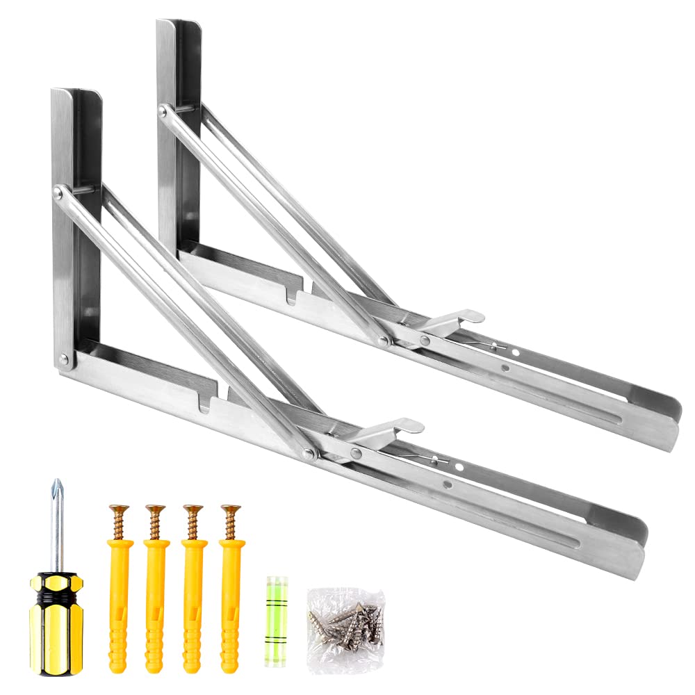 Oudtinx 2PCS Folding Shelf Brackets,Heavy Duty Triangle Shelf Bracket for Bench Table,Wall Mounted Standing Shelf Brackets for Saving Place,Multi Size 14" Sliver
