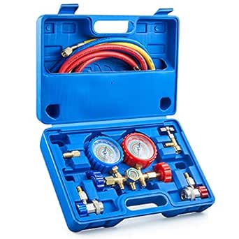 ORION MOTOR TECH AC Gauges, AC Manifold Gauge Set for R134a R12 R22 R502, 3 Way Automotive AC Gauge Set with Antishock Gauges Hoses Couplers Adapter, Puncturing Can Tap Freon Recharge Kit, Blue Case