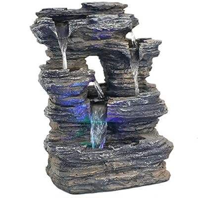 Sunnydaze Five Stream Rock Cavern Tabletop Fountain with Multi-Colored LED Lights