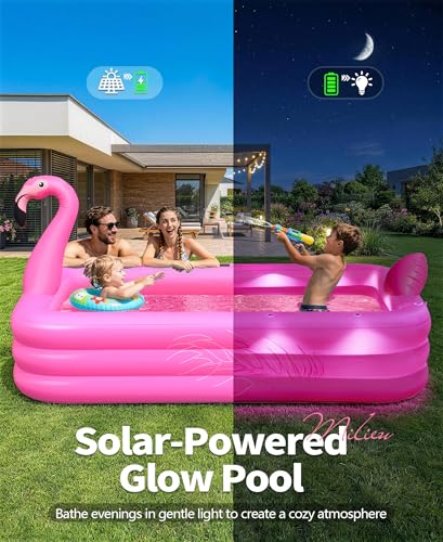 PoolLeader Piscina Hinchable Adultos, Flamenco Piscina Hinchable Rectangular con Luces Solar, Adopta un Material de PVC Grueso & Duradero, 254x160x50cm Piscinas Inflable Familiar Grande para Jardin