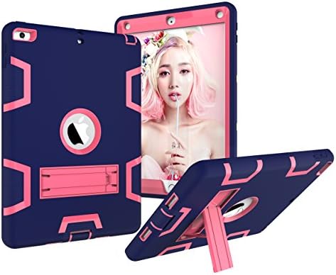 Hansin iPad 9.7 2018 / 2017 Case, Tough Rugged Heavy Duty Armour Shockproof Damper Full Body Protective Cover With Kickstand for Apple iPad 9.7-inch, Navy/Rose