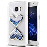 Urberry Glaxy S7 Case, Running Glitter Cover, Blue Sparkle Love Heart, Creative Design Flowing Liquid Floating Luxury Bling Glitter Sparkle Hard Case for Samsung Galaxy S7 with a Screen Protector