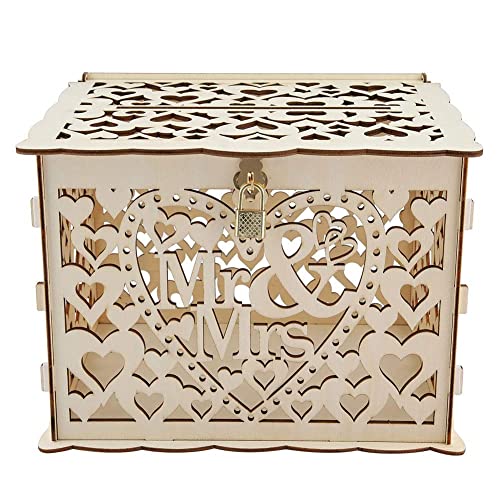 AUNMAS Wedding Card Box, 25 x 20 x 18.3cm Wooden Small Box with Lock Envelope Gift Box DIY Money Storage Box for Birthday Baby Shower Party