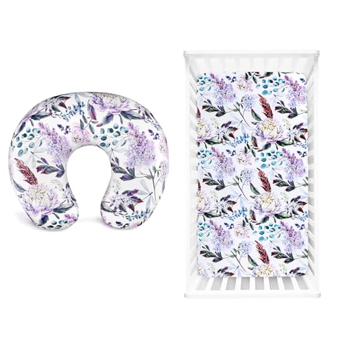HNHUAMING Purple Floral Nursing Pillow Cover, Nursing Pillowcase Set for Baby boy or Baby Girl Ultra Soft Neutral Crib Fitted Sheets,