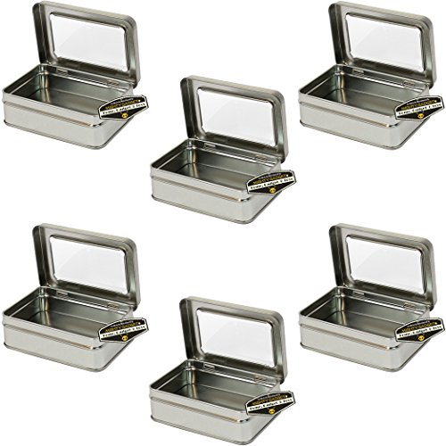 Mighty Gadget (R) Rectangular Empty Hinged Lid Survival Tin Container with See Through Window Top for Geocaching or Survival Gear (6 Pack) - 4.125" x 2.75" x 1.375"