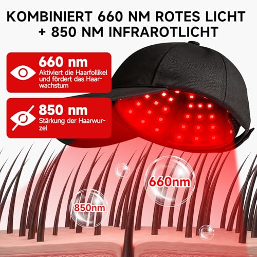 Red Light Hair Growth Cap, 660 nm + 850 nm Red Light Hair, Hair Growth Cap Adjustable Size, 7 Modes, Removable Red Light Panel, Hair Growth Cap for Men / Women