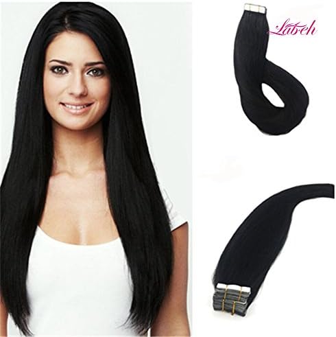 Labhair Straight Glue in Premium Remy Natural Black Color Seamless Tape on Human Hair Extensions for Women Fashion Beuty Hair (24inch,20pcs/50g)