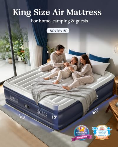 VOSSER King Size Air Mattress with Built-in Pump, 18" Raised, Blow Up Bed | Family Choice Award Winner, Heavy Duty Inflatable Blow Up Mattress,1000 lb,40% Thicker PVC,Durable Airbed,10-Year Support