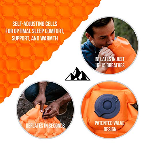 Outdoorsman Lab Camping Sleeping Pad - Ultralight Inflatable Camping Mat Pad for Backpacking & Hiking - Durable Insulated Sleeping Mat, Compact Carrying Bag and Repair Kit (Orange Bundle with Pillow) - Thumbnail 3