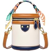 Mini Bucket Crossbody Bags for Women Vegan Leather Small Round Shoulder Round Handle Handbag Purses Exquisite handbag with Silk lacing cord (Business Blue)