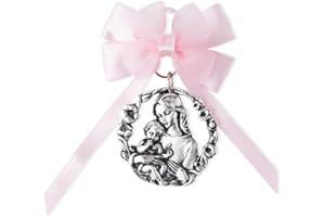 ARGENTARIA The Holy Virgin Mary and her Son, Jesus Catholic Crib Medal with Satin Ribbon. Perfect Baptism Gifts for Babies, Christening Gifts for Babies, Baby Shower and Baby Nursery Wall Decor. (Rose)