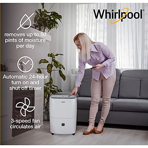 Whirlpool 50 Pint Portable Dehumidifier with 24Hour Timer, Auto Shut