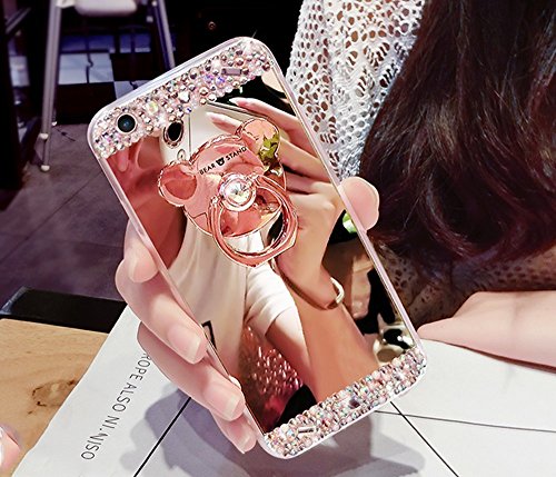 Galaxy A7 2017 Glitter Case,Galaxy A7 2017 Case,Leeook Creative Mirror Effect Diamond Shiny Soft Silicone Case Cover with Bear Ring Kickstand for Samsung Galaxy A7 2017-Gold