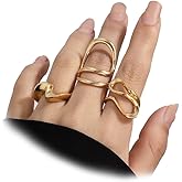 Douxsu 14k Gold Chunky Wavy Curve Open Ring Set Stackable for Women Statement, Unique Twist Line Silver Wrap Finger Knuckle Rings Minimalist Party Jewelry Gift