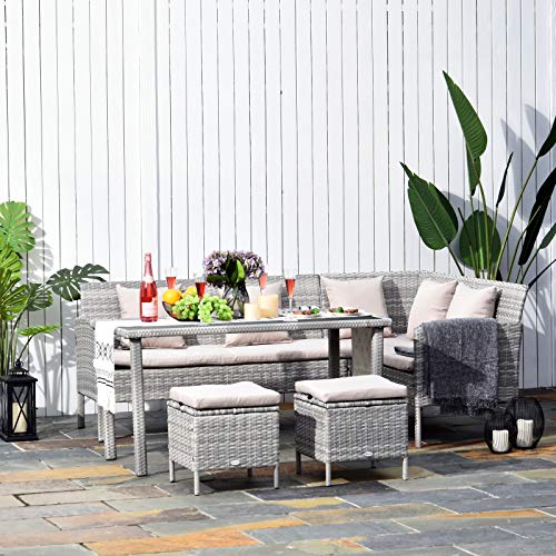 Outsunny 5-TLG. Gartenmöbel Set, Rattan Sitzgruppe mit Fußhocker, Metall, Grau, 134 x 60 x 75 cm – Bild 7