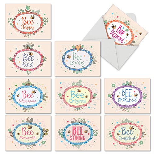 10 Note Cards with Envelopes, Assorted 'Let It Bee' Blank Greeting Cards, Sweet All-Occasion Cards for Birthday, Thank You, Graduation - Stationery Notecards 4 x 5.12 inch M6548OCB