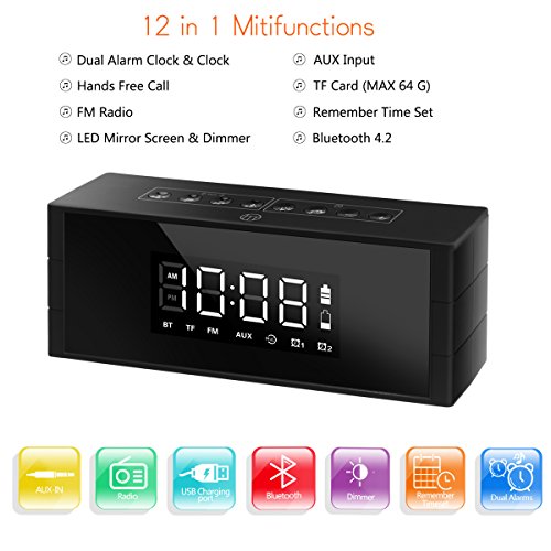 Bluetooth Speaker Dual Driver, ZealSound Wireless Bluetooth Speaker with LED Clock, LED Display with Dimmer, FM Radio, Alarm Clock, Portable Wireless, Rich Bass, Built-in Mic, TF Card Play (Black)