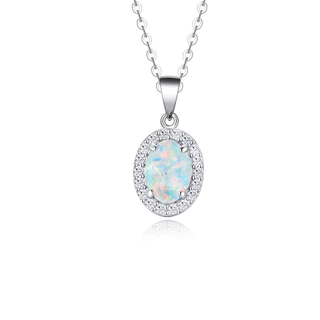 Weiß Opal Anhänger Kette/Ohrringe Ohrstecker aus 925 Sterling Silber für Frauen Mädchen Baby Kinder - Ovale Form