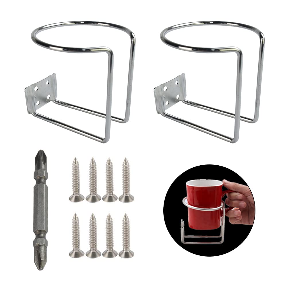 VCRANONR 2 Pcs Car Cup Holder Stainless Steel Boat Ring Cup Drink Holders Boat Ring Cup Holder Silver Auto Car Vehicle Cup Stand Wall Mounted with Screws for Most Size Beverage Bottles Cans Mugs