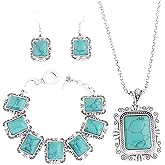 Secret for Longevity Silver Tone 3 Pcs Bohemian Turquoise Western Navajo Style Acrylic Resin Stones Statement Necklace Earrings Bracelet Set