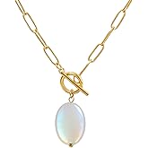 TaYolnFaSo Pearl Gemstone Pendant Paperclip Toggle Necklace 18k Gold Plated Natural Pearl Stone Birthstone Chain Necklace Paperclip Jewelry Valentine's Day Gift for Women
