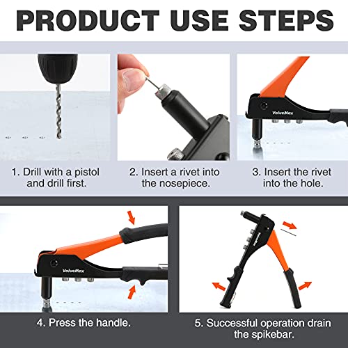 ValueMax 4-in-1 Hand Riveter/Rivet Gun, Pop Rivet Tool Kit with 200 Rivets - 3/32-inch, 1/8-inch, 5/32-inch, 3/16-inch, 4 Interchangeable Nosepieces, Suitable for Metal