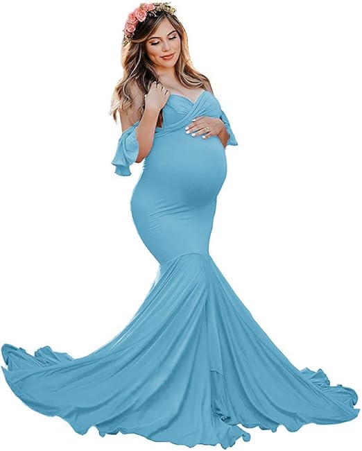 Women's Off Shoulder Strapless Ruffle Sleeves Mermaid Maternity Dress