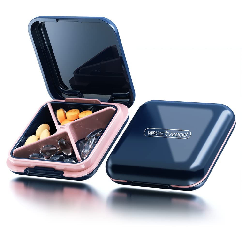 Small Pill Box for Purse, Travel Pill Box with 4 Compartmensts, BPA-Free Medicine Pill Organizer Case for Vitamins, Pill Holder for Supplements (Blue)