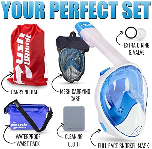 Full Face Snorkel Mask 180° Panoramic View For Adults And Kids. Perfect Vacation Snorkeling Set With XL Snorkel For Easy Breath. Anti Fog And Anti Leak Design And Larger Viewing Area. Lagoon Blue S/M