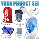 Full Face Snorkel Mask 180° Panoramic View For Adults And Kids. Perfect Vacation Snorkeling Set With XL Snorkel For Easy Breath. Anti Fog And Anti Leak Design And Larger Viewing Area. Lagoon Blue S/M