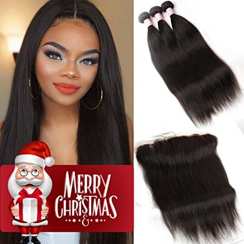 Peruvian Virgin Hair Straight Lace Frontal Closure with 3 Bundles 8A Unprocessed Straight Human Hair with 13x4 Frontal Ear To Ear Straight Bundles with Closure Baby Hairs(18 20 22 with 16 Free Part)