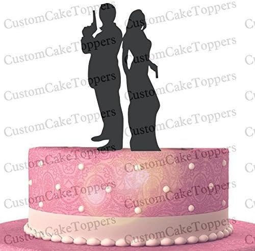 Bride and Groom Armed Couple Silhouette Cake Topper (Multiple Color Optional)